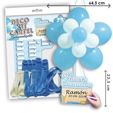 KIT GLOBO FLOR EDITABLE COMUNION AZUL. CHUCHES Y DECORACION. PRECIOS DE FABRICA. www.chuchelandiajl.com