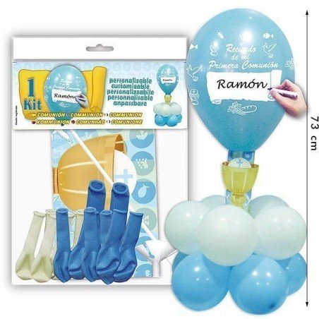 KIT CENTRO DE MESA GLOBOS COMUNION NIÑO EDITABLE. CHUCHES Y DECORACION. PRECIOS DE FABRICA. www.chuchelandiajl.com
