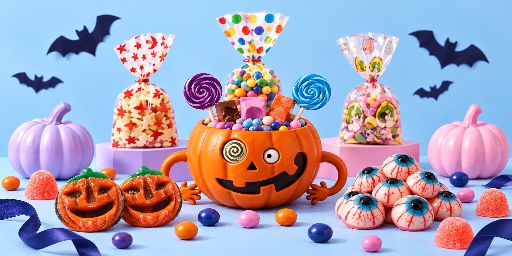 Composición de Halloween con calabazas de gominola, ojos y bolsitas de chuches